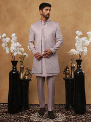 Men's Lavender Floral Embroidered Indo-Western Set ( 50JIND 122 lavender )