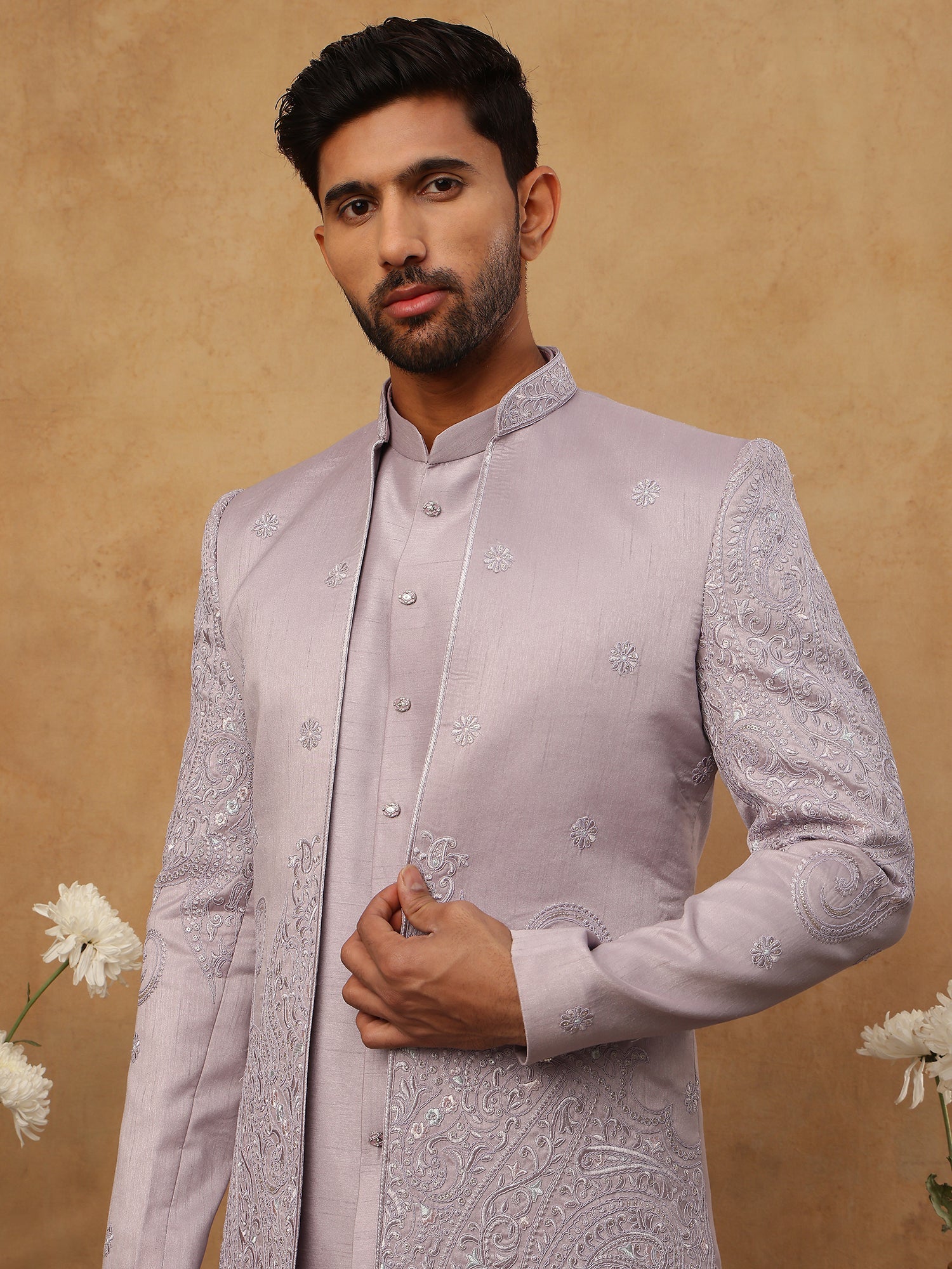 DesiQlo Men All-over Floral Indo Western Set - Purple - 50JIND_122lave