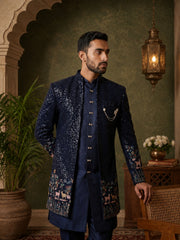Men’s Navy Blue Heavily Embroidered Indo-Western Set ( 50JIND 127Navy )