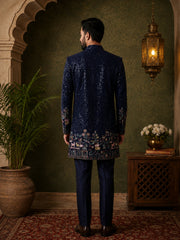 Men’s Navy Blue Heavily Embroidered Indo-Western Set ( 50JIND 127Navy )