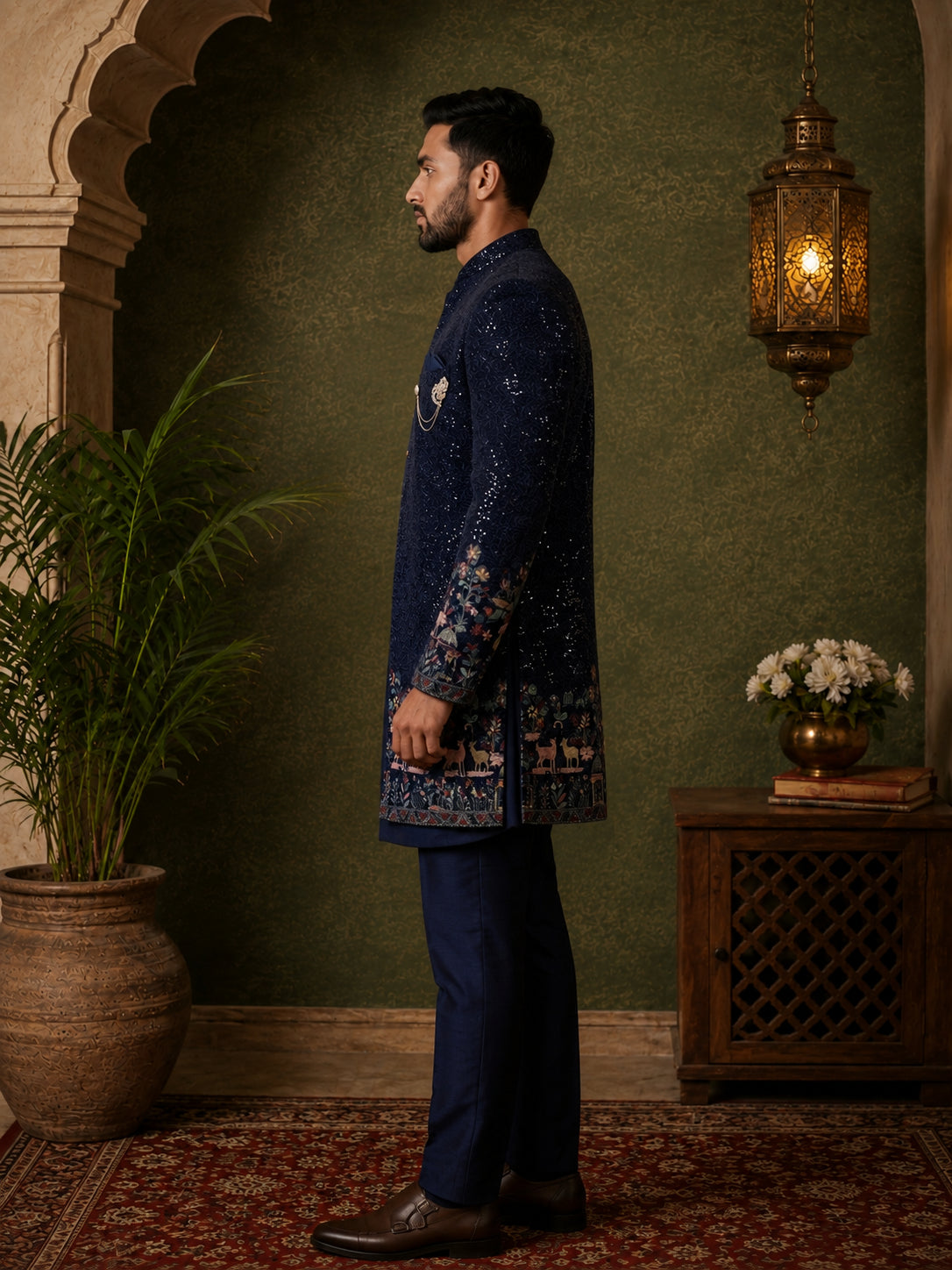 DesiQlo Men Embroidered Indo Western Set - Blue - 50JIND_127Navy_S