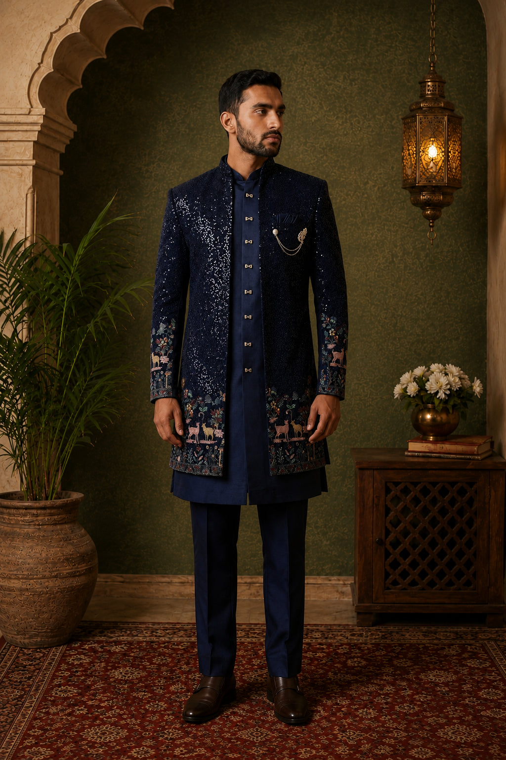 DesiQlo Men Embroidered Indo Western Set - Blue - 50JIND_127Navy_S