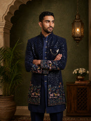 Men’s Navy Blue Heavily Embroidered Indo-Western Set ( 50JIND 127Navy )