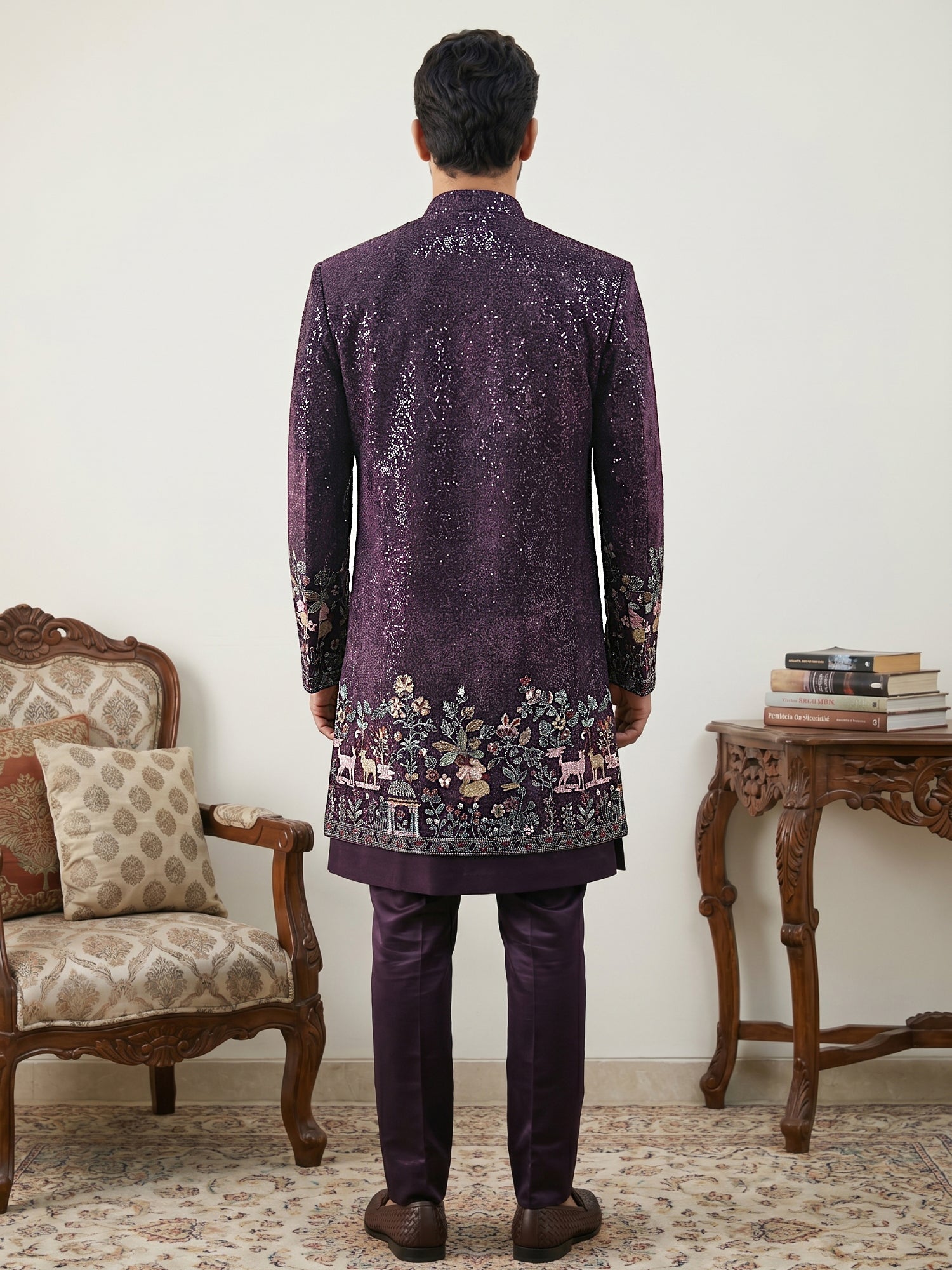 DesiQlo Men Embroidered Indo Western Set - Purple - 50JIND_127Purple_S