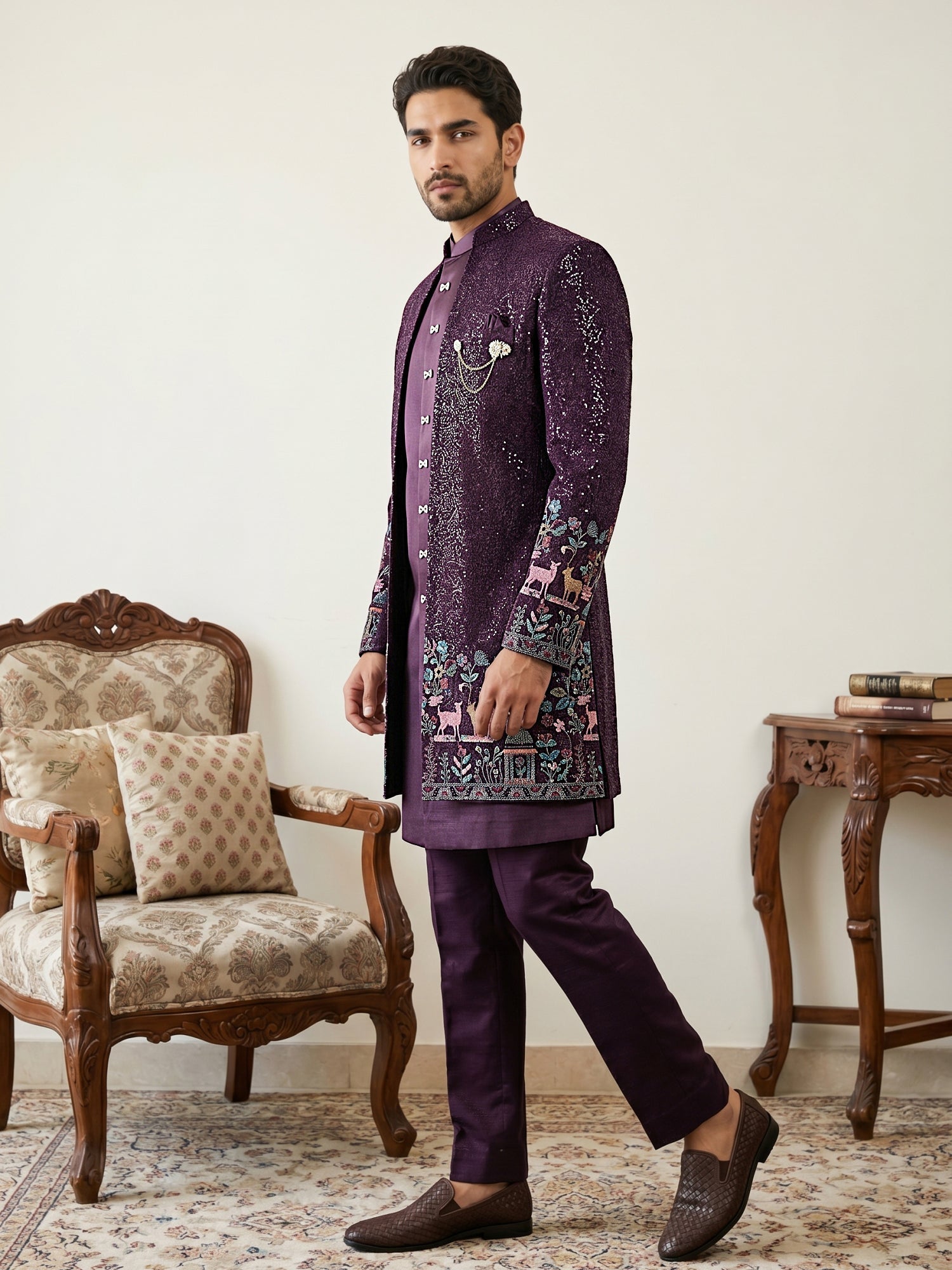 DesiQlo Men Embroidered Indo Western Set - Purple - 50JIND_127Purple_S