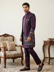 Men’s Purple Heavily Embroidered Indo-Western Set ( 50JIND 127Purple )