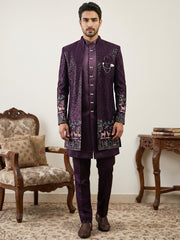 Men’s Purple Heavily Embroidered Indo-Western Set ( 50JIND 127Purple )