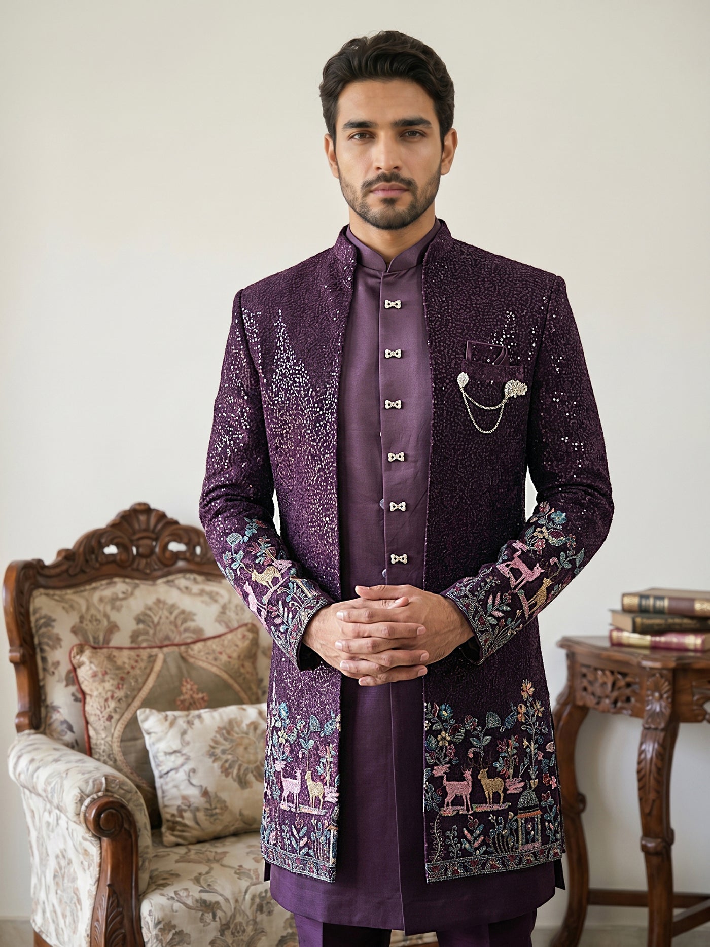 DesiQlo Men Embroidered Indo Western Set - Purple - 50JIND_127Purple_S