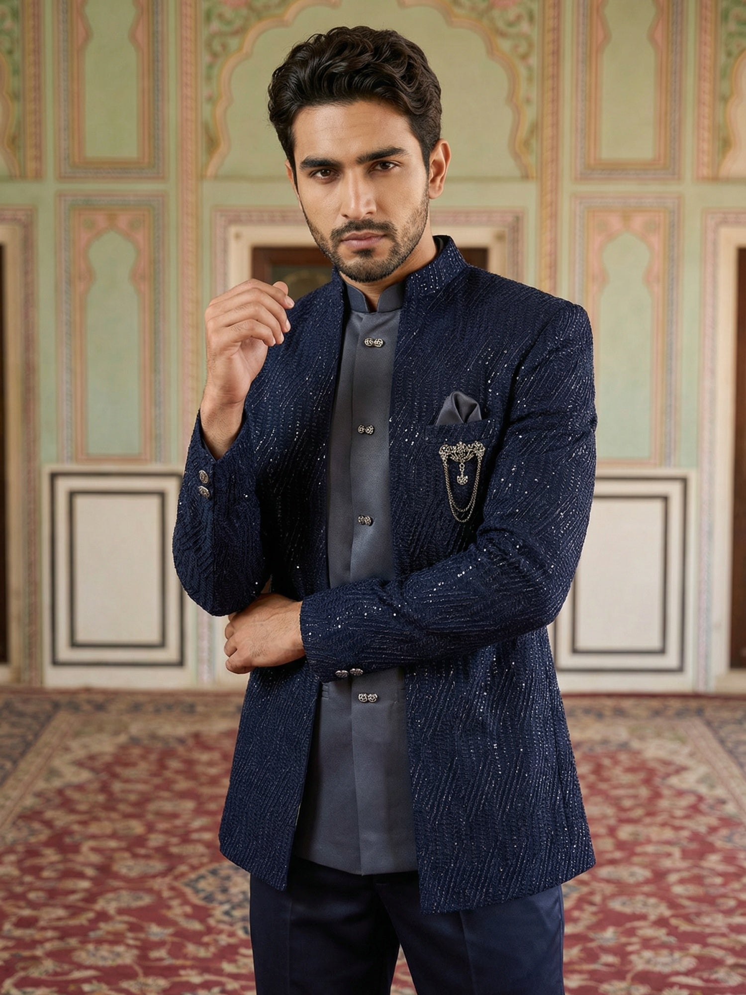 DesiQlo Men Embroidered Indo Western Set - Blue - 50JIND_132Navy_S