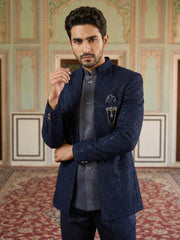 Men’s Embroidered Indo-Western Set ( 50JIND 132Navy S )