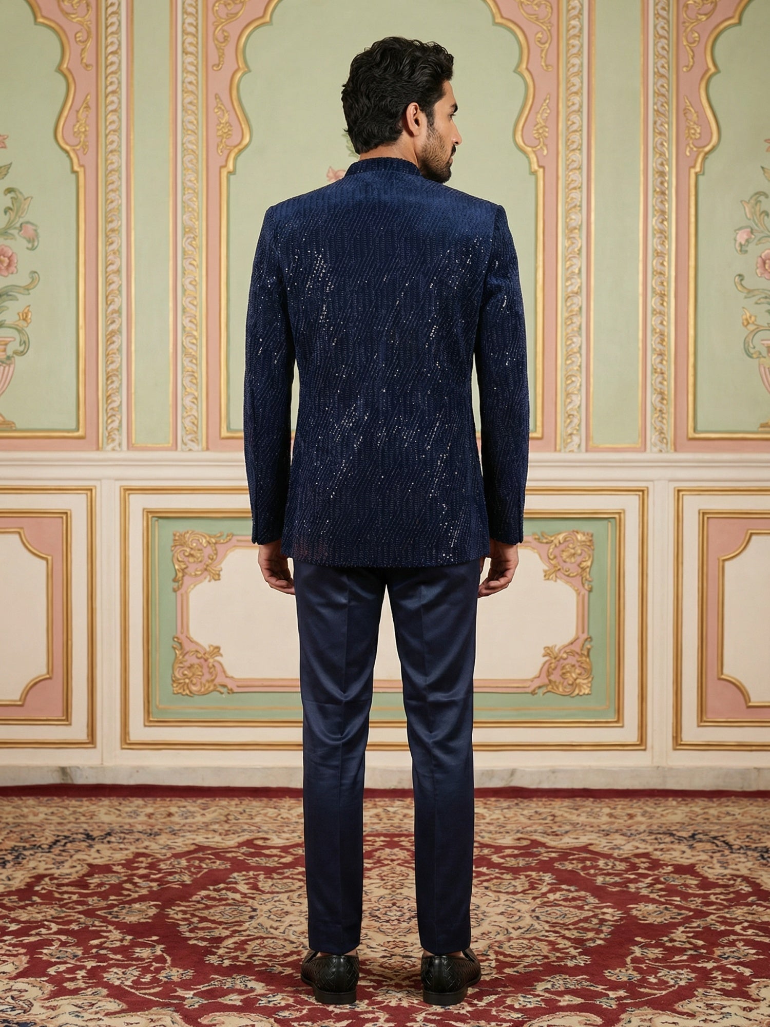 DesiQlo Men Embroidered Indo Western Set - Blue - 50JIND_132Navy_S