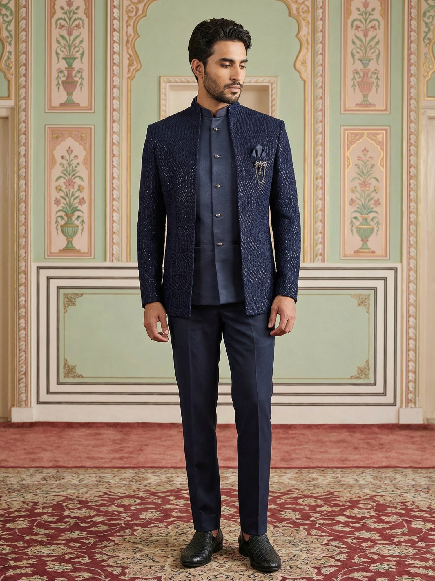 DesiQlo Men Embroidered Indo Western Set - Blue - 50JIND_132Navy_S