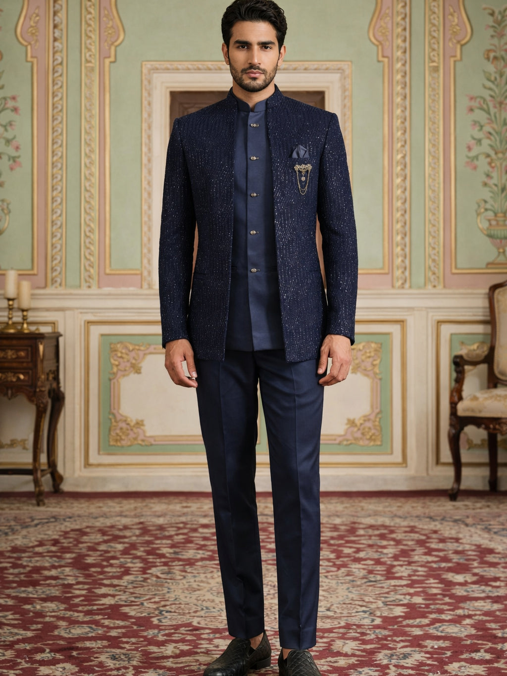 DesiQlo Men Embroidered Indo Western Set - Blue - 50JIND_132Navy_S