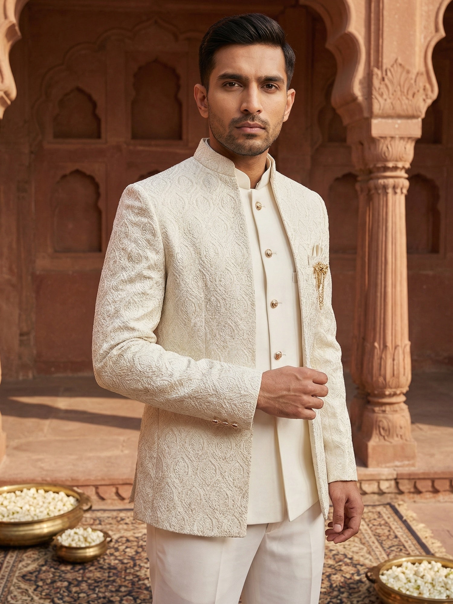 DesiQlo Men Embroidered Indo Western Set - Beige - 50JIND_133Cream_S