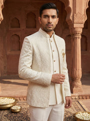Men Embroidered Cotton Blend Indo-Western Sherwani Set ( 50JIND 133Cream S )