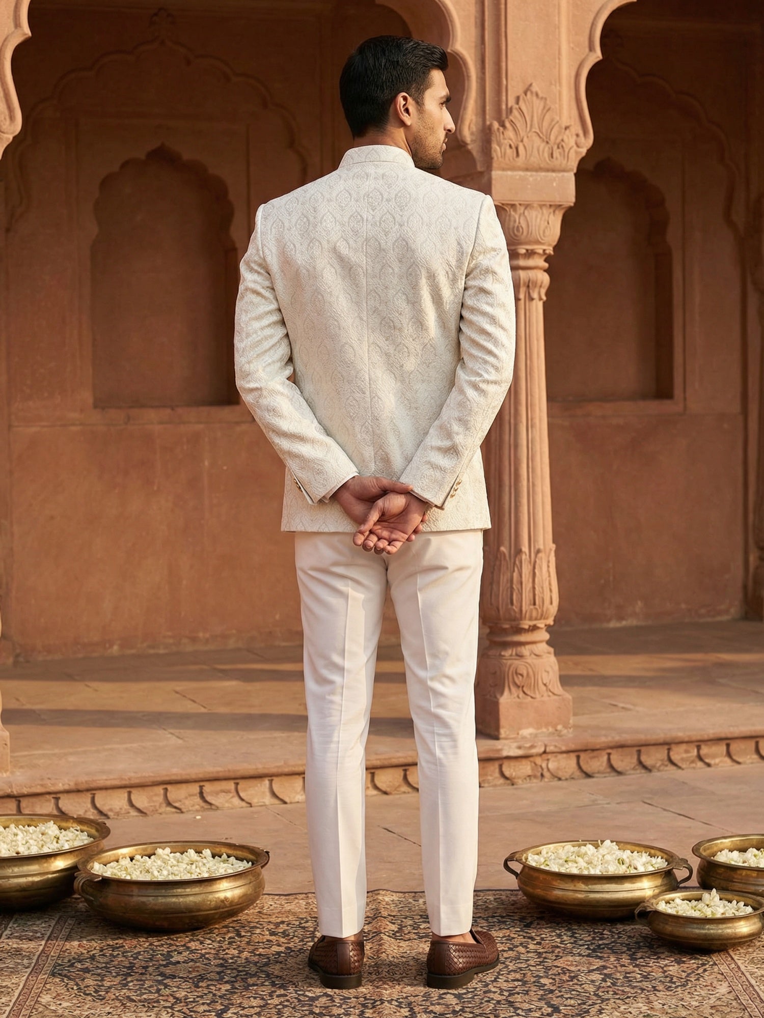 DesiQlo Men Embroidered Indo Western Set - Beige - 50JIND_133Cream_S