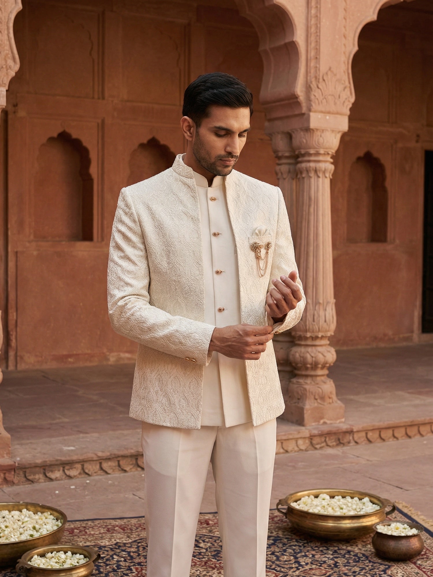 DesiQlo Men Embroidered Indo Western Set - Beige - 50JIND_133Cream_S