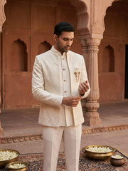 Men Embroidered Cotton Blend Indo-Western Sherwani Set ( 50JIND 133Cream S )