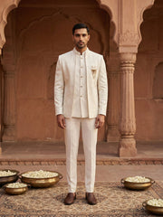 Men Embroidered Cotton Blend Indo-Western Sherwani Set ( 50JIND 133Cream S )