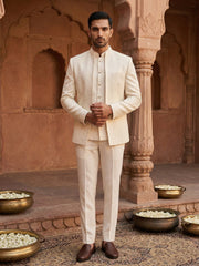 Men Embroidered Cotton Blend Indo-Western Sherwani Set ( 50JIND 133Cream S )