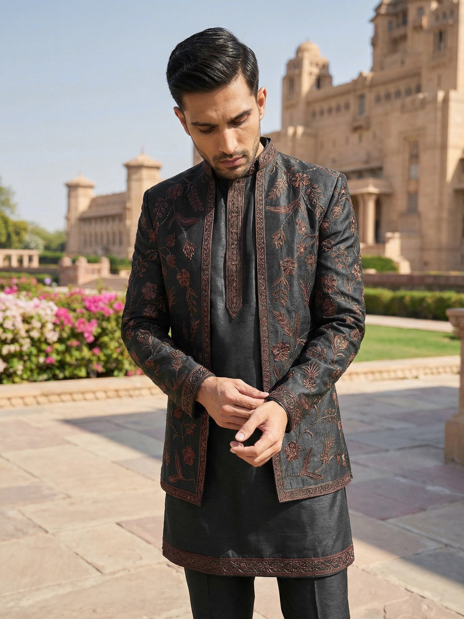 DesiQlo Men Embroidered Indo Western Set - Black - 50JIND_134Black_S