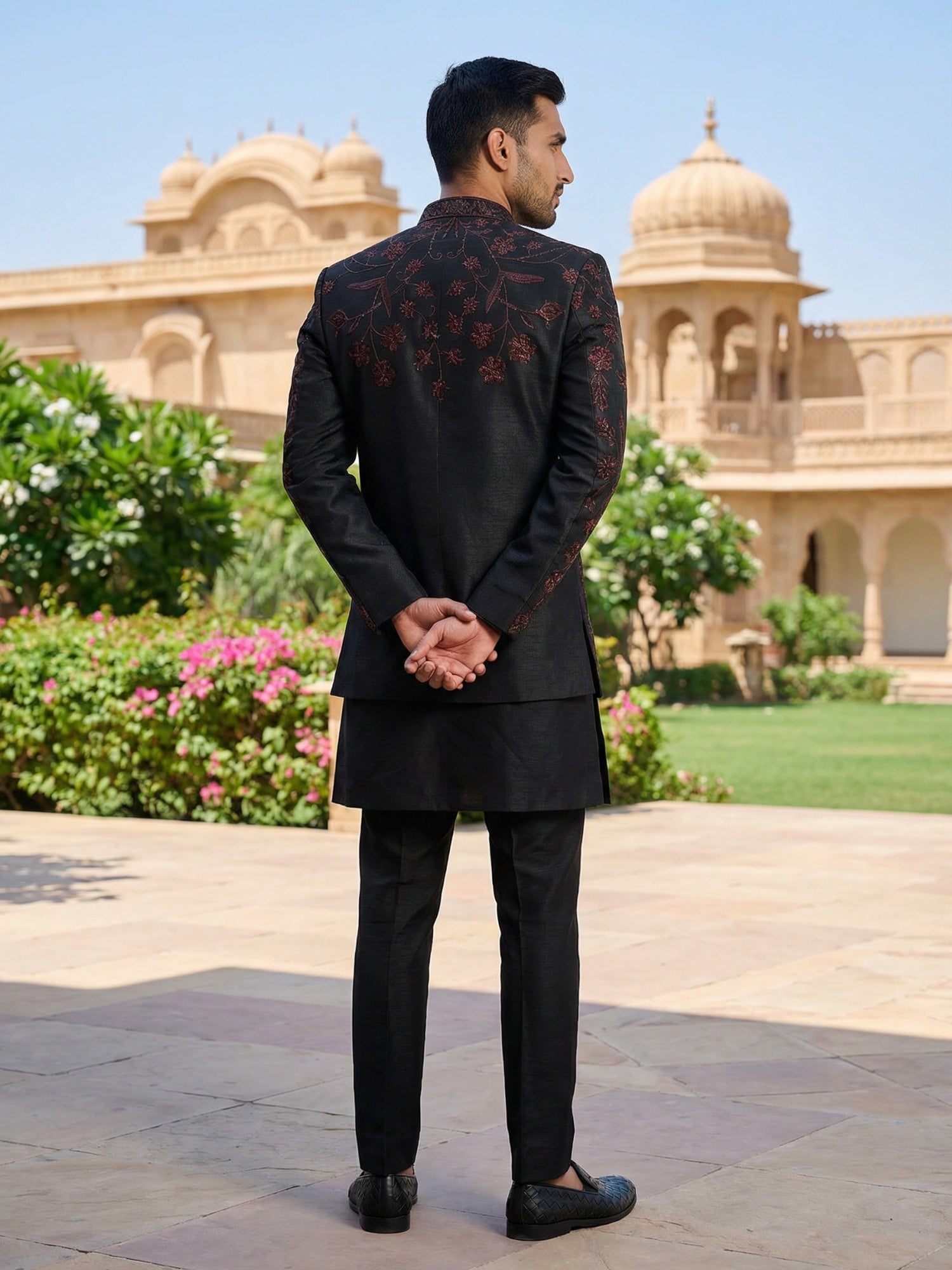 DesiQlo Men Embroidered Indo Western Set - Black - 50JIND_134Black_S