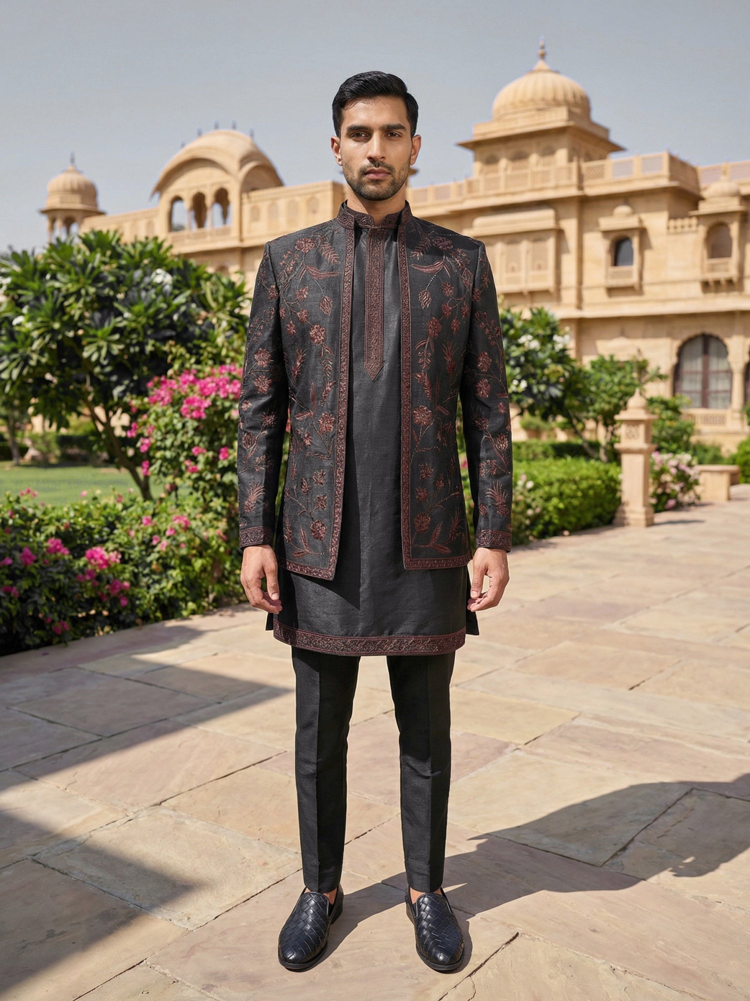 DesiQlo Men Embroidered Indo Western Set - Black - 50JIND_134Black_S