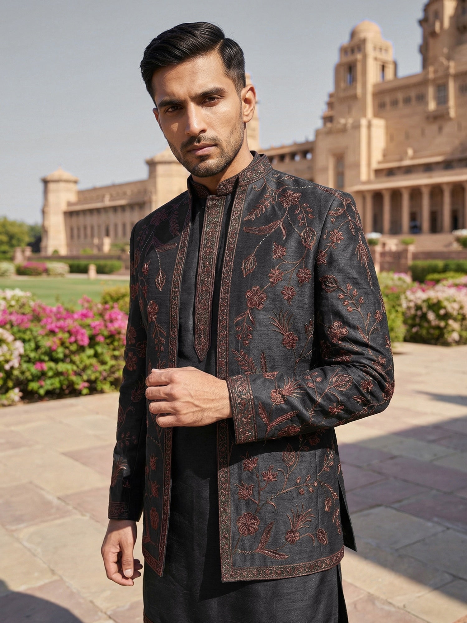 DesiQlo Men Embroidered Indo Western Set - Black - 50JIND_134Black_S