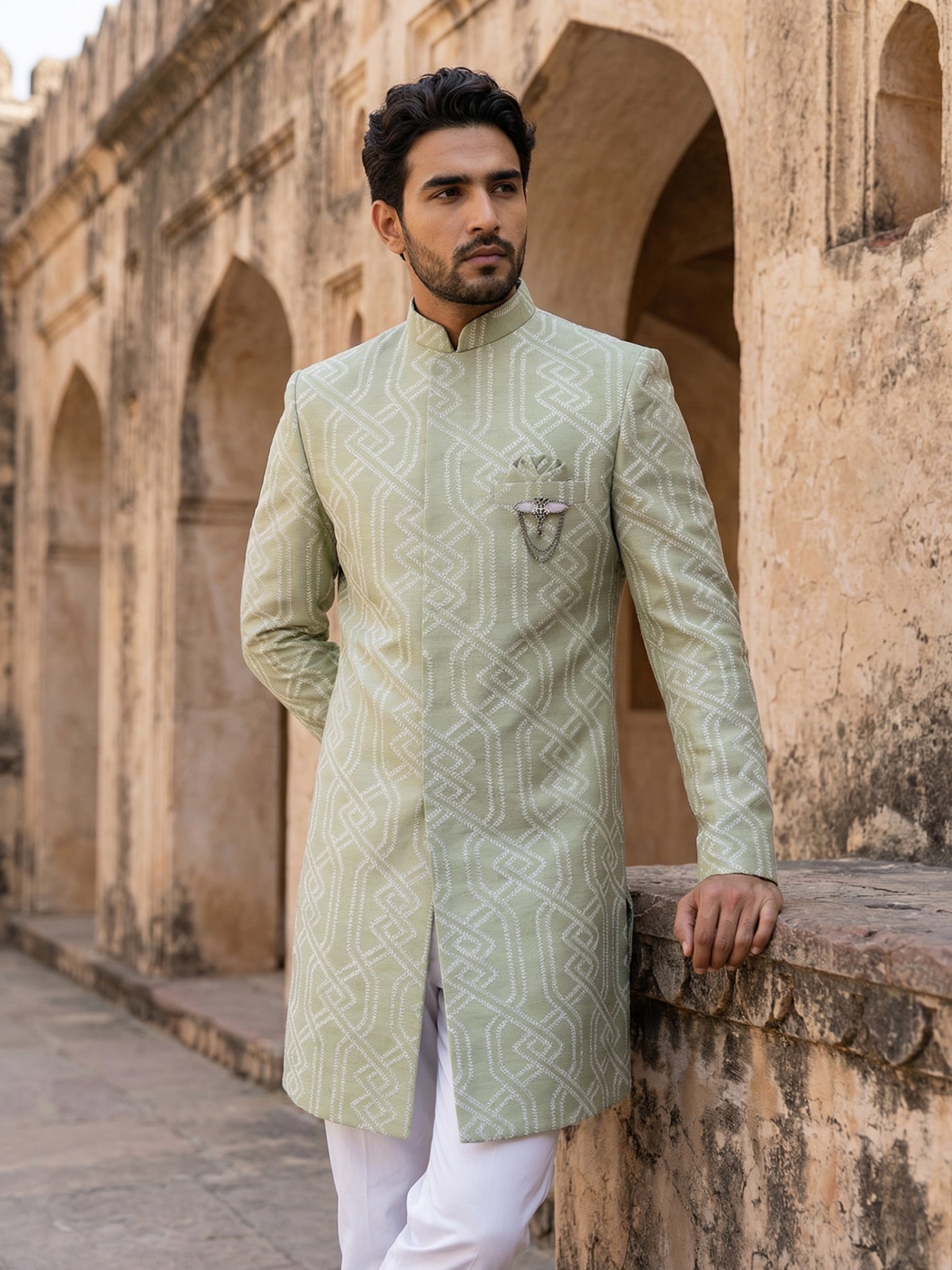 DesiQlo Men Embroidered Indo Western Set - Green - 50JIND_135Pista_S
