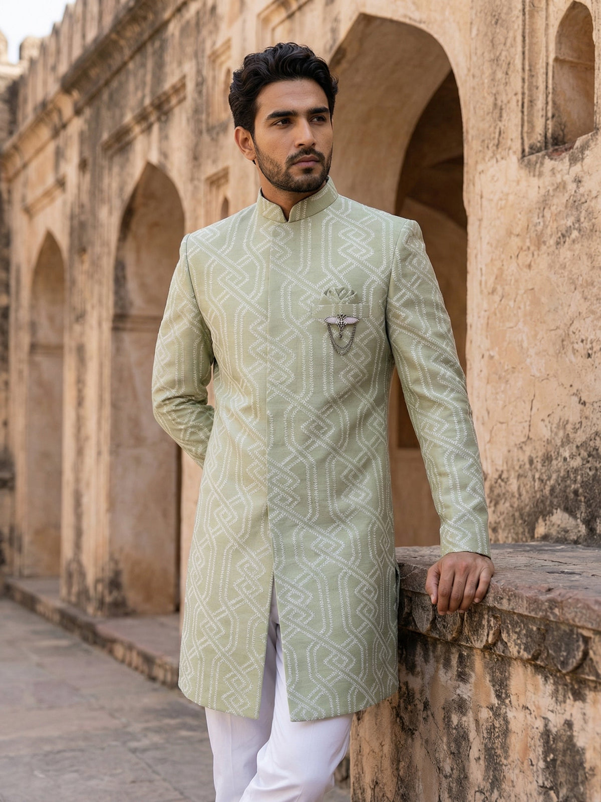 Jacquard Silk Sherwani Set ( 50JIND 135Pista S )