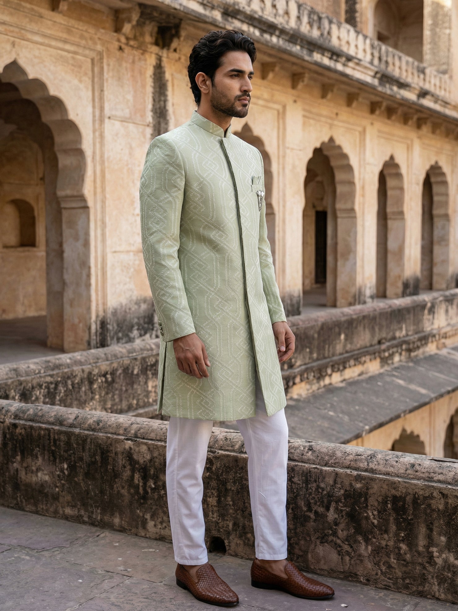 DesiQlo Men Embroidered Indo Western Set - Green - 50JIND_135Pista_S