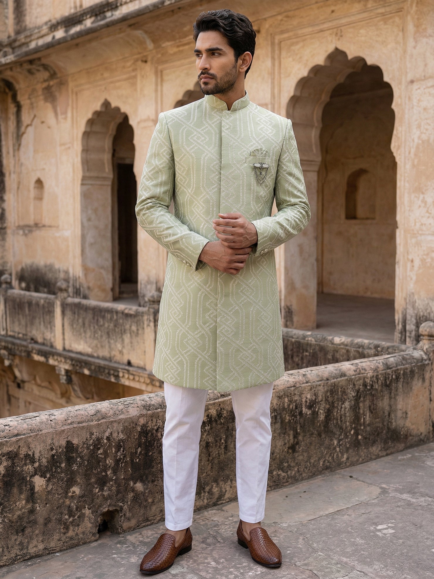 DesiQlo Men Embroidered Indo Western Set - Green - 50JIND_135Pista_S