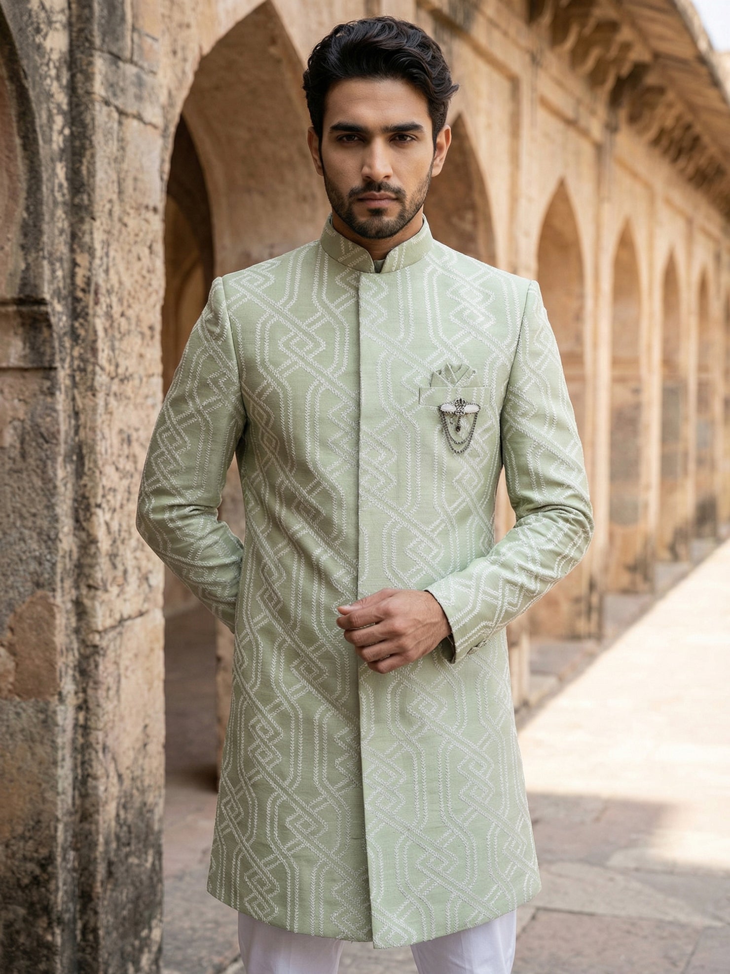 DesiQlo Men Embroidered Indo Western Set - Green - 50JIND_135Pista_S