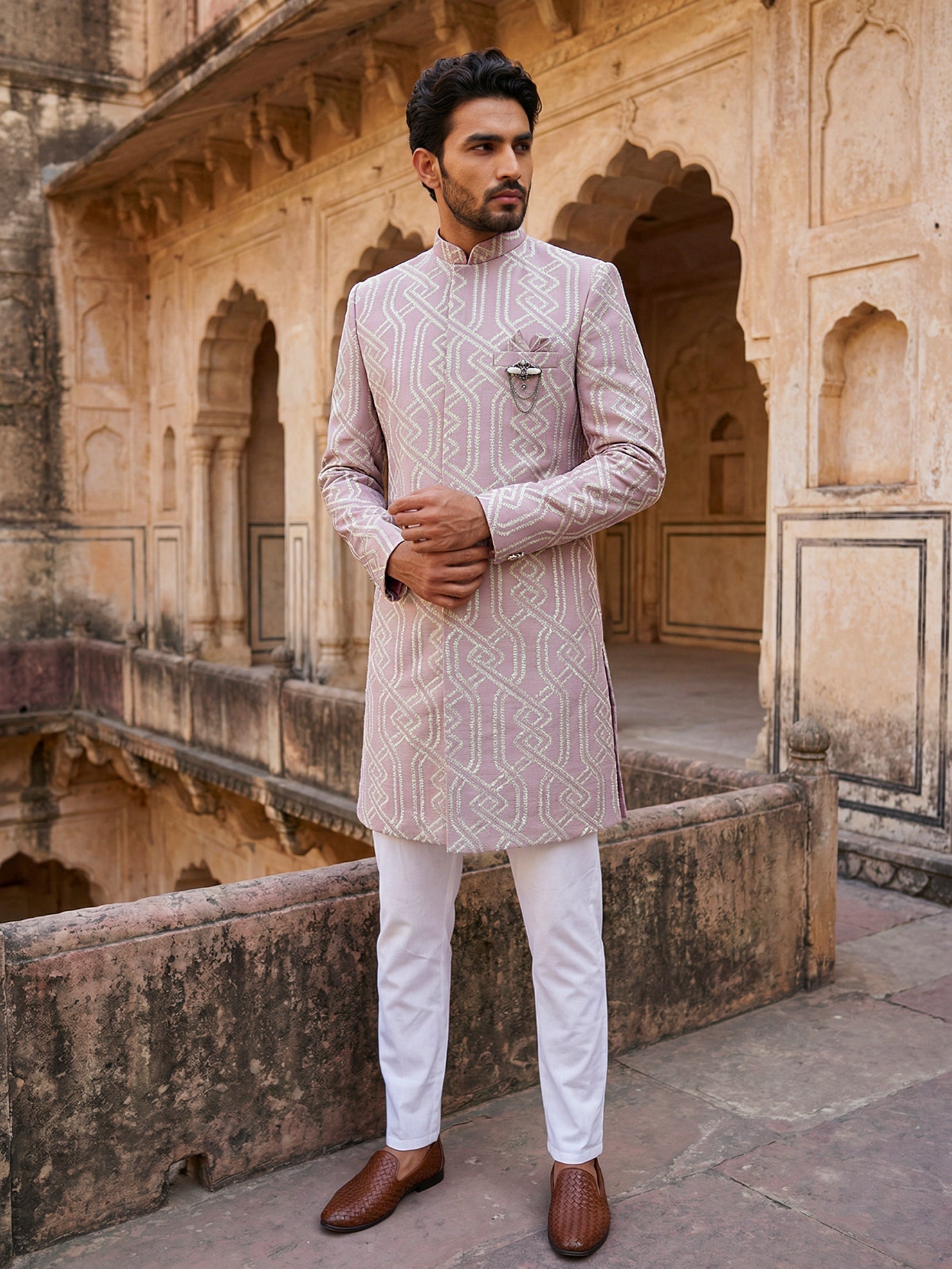 DesiQlo Men Embroidered Indo Western Set - Purple - 50JIND_135Purple_S