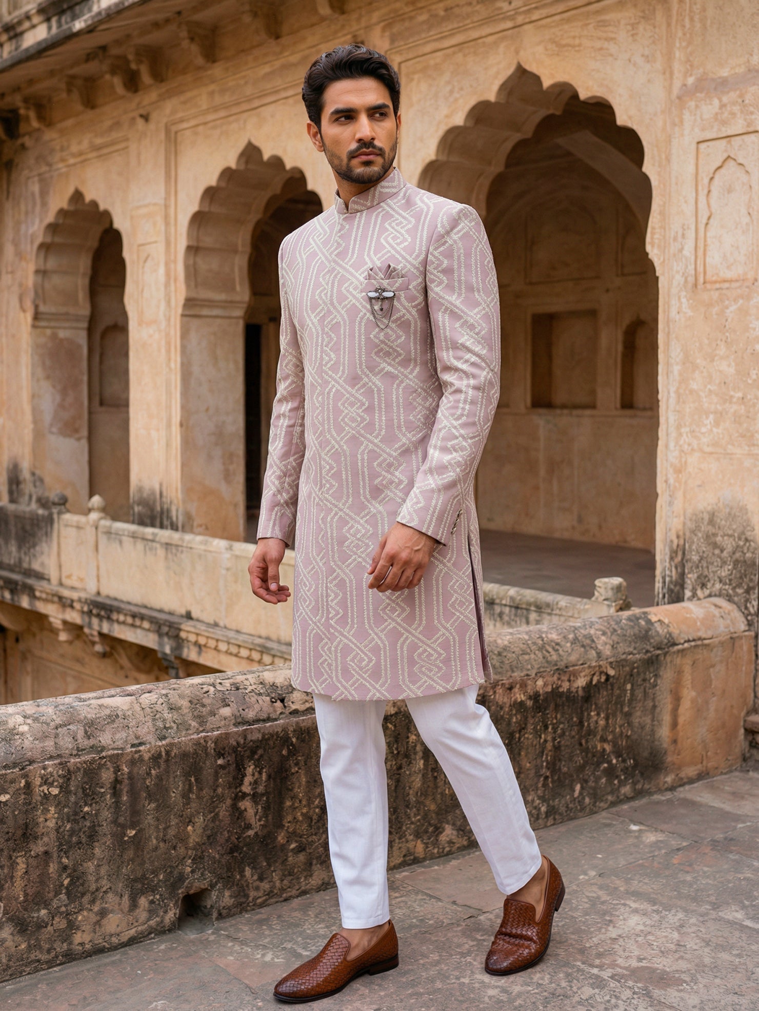 DesiQlo Men Embroidered Indo Western Set - Purple - 50JIND_135Purple_S