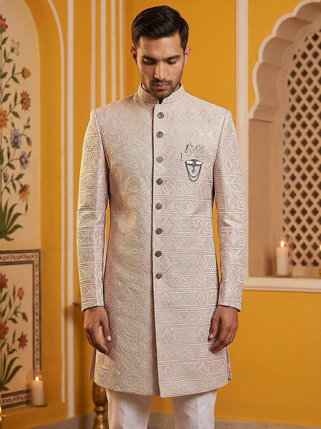 DesiQlo Men Embroidered Indo Western Set - Pink - 50JIND_136Pink_S