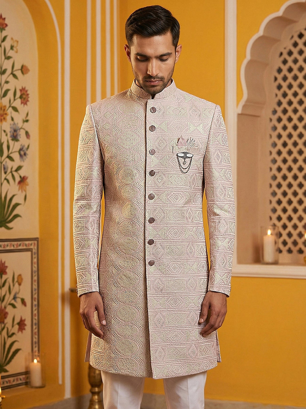 Silk Blend Embroidered Sherwani Set ( 50JIND 136Pink S )