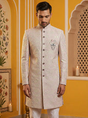 Silk Blend Embroidered Sherwani Set ( 50JIND 136Pink S )