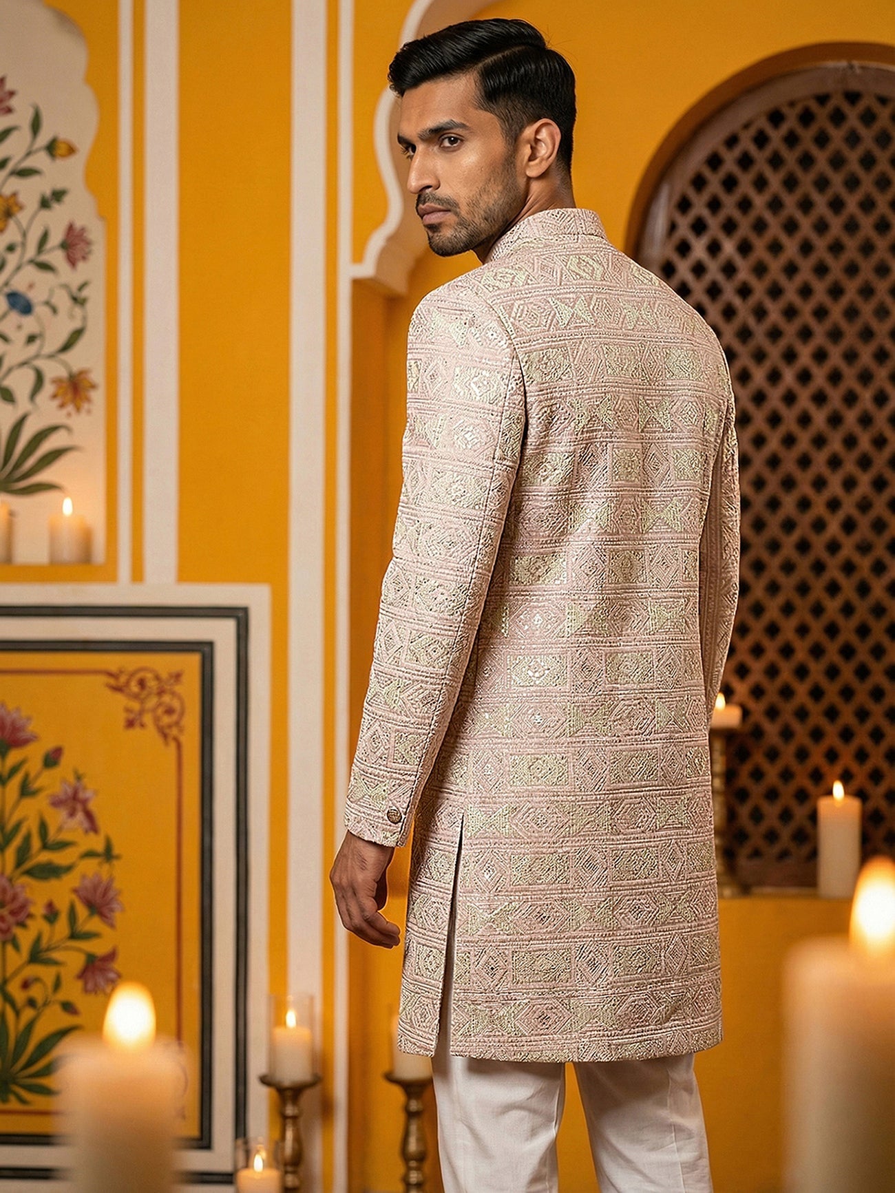 DesiQlo Men Embroidered Indo Western Set - Pink - 50JIND_136Pink_S
