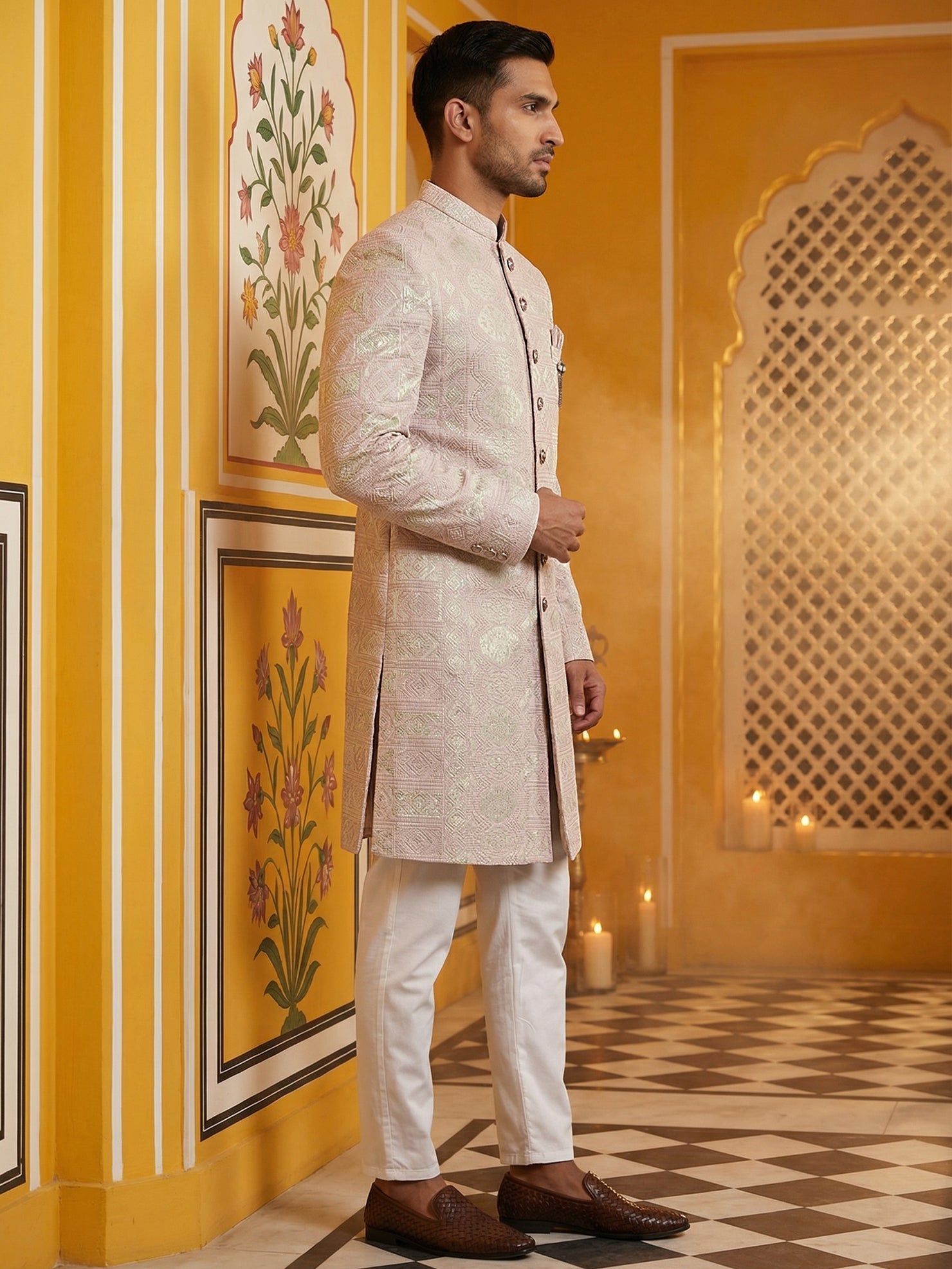 DesiQlo Men Embroidered Indo Western Set - Pink - 50JIND_136Pink_S