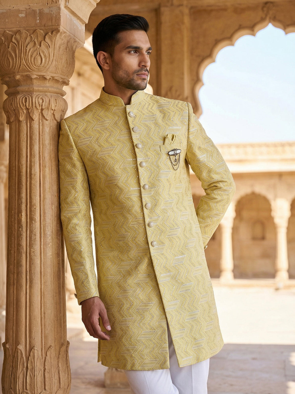 Jacquard Silk Sherwani Set ( 50JIND 137Yellow S )