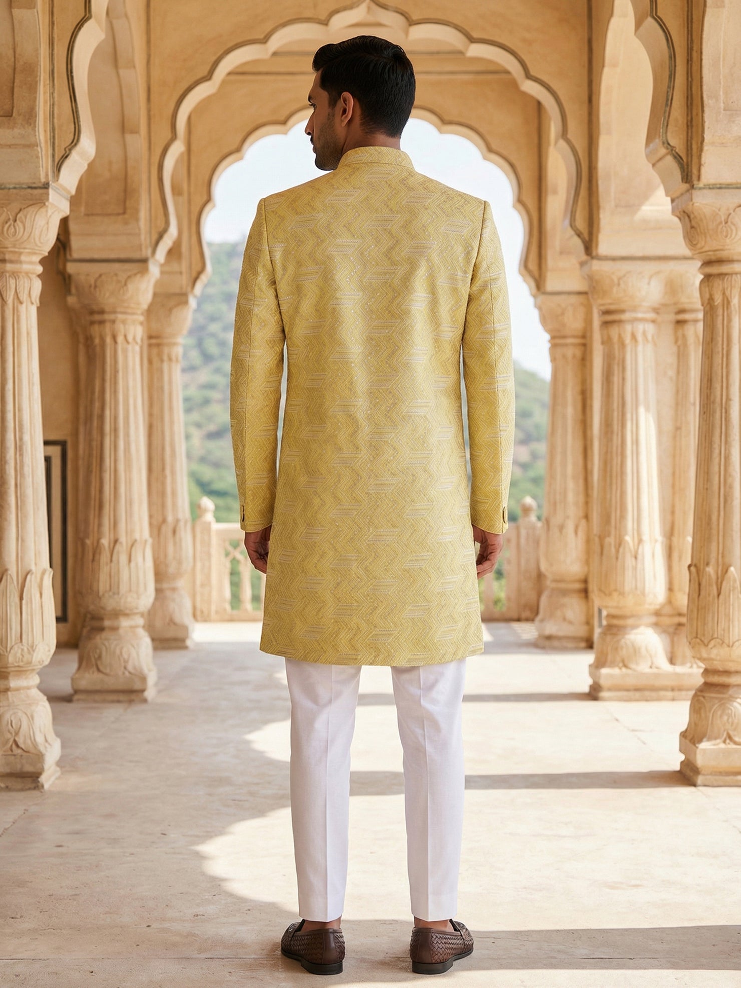 DesiQlo Men Embroidered Indo Western Set - Yellow - 50JIND_137Yellow_S