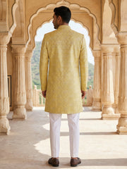 Jacquard Silk Sherwani Set ( 50JIND 137Yellow S )