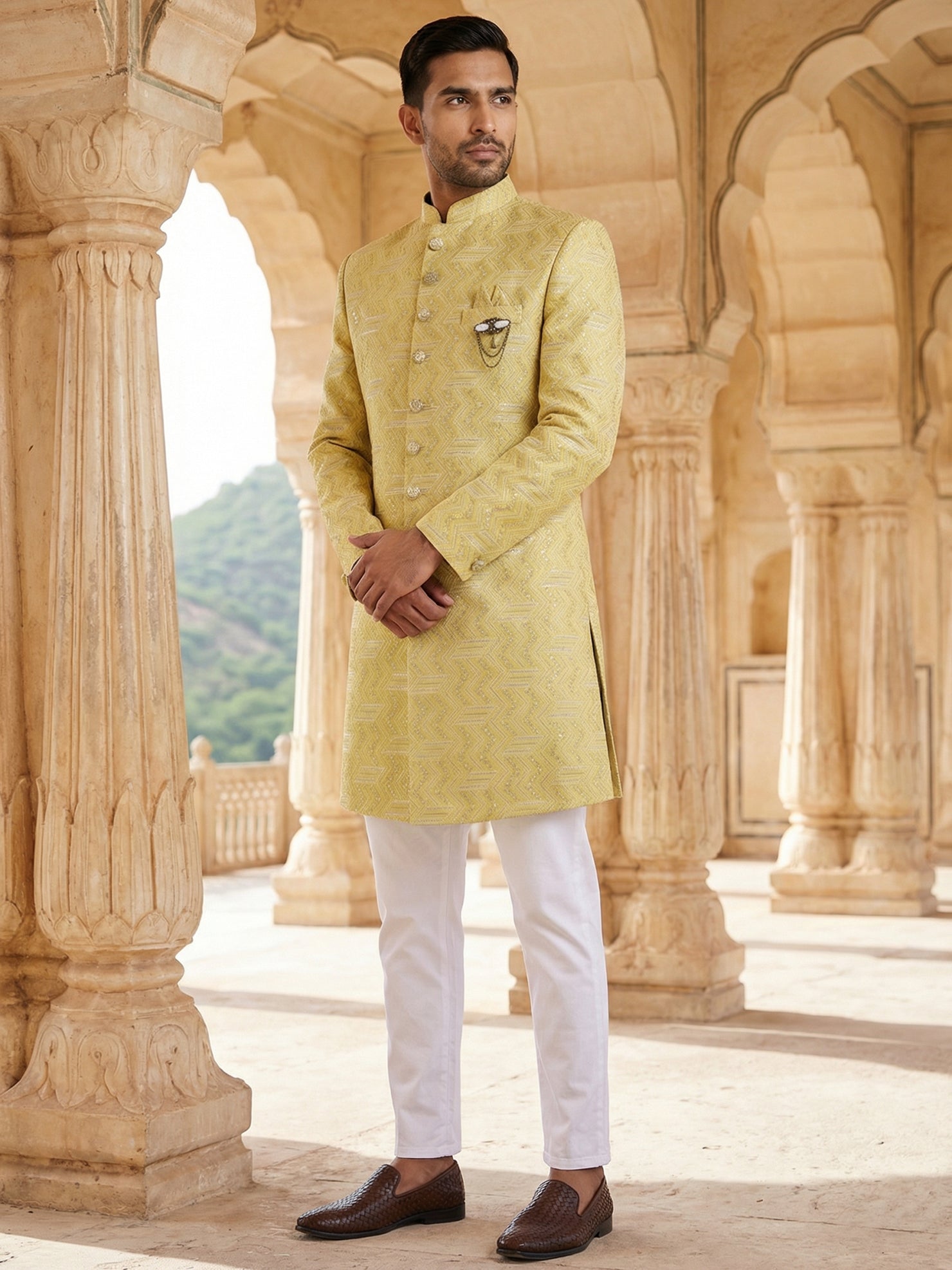 DesiQlo Men Embroidered Indo Western Set - Yellow - 50JIND_137Yellow_S