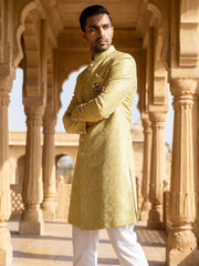 Jacquard Silk Sherwani Set ( 50JIND 137Yellow S )