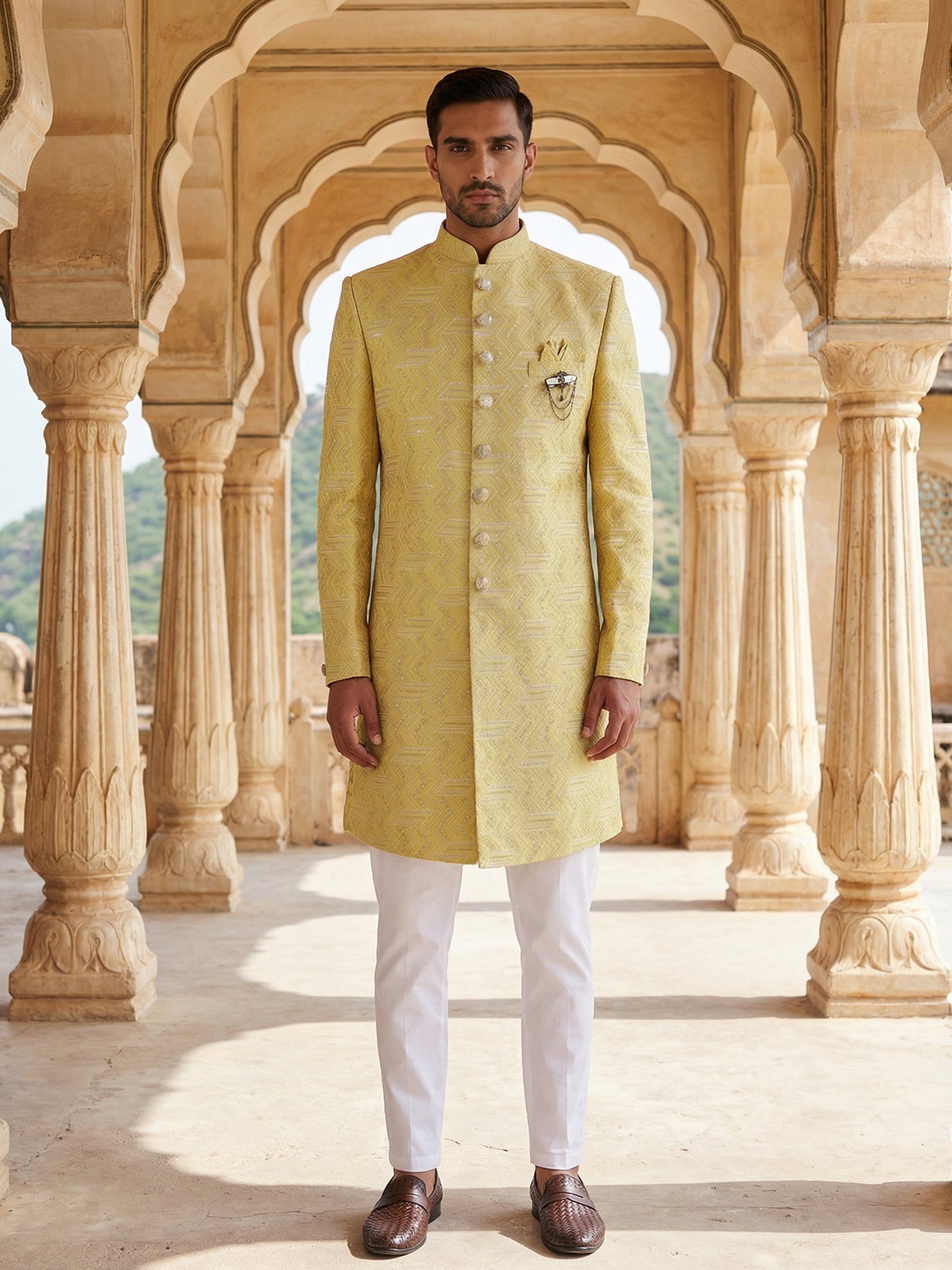 DesiQlo Men Embroidered Indo Western Set - Yellow - 50JIND_137Yellow_S