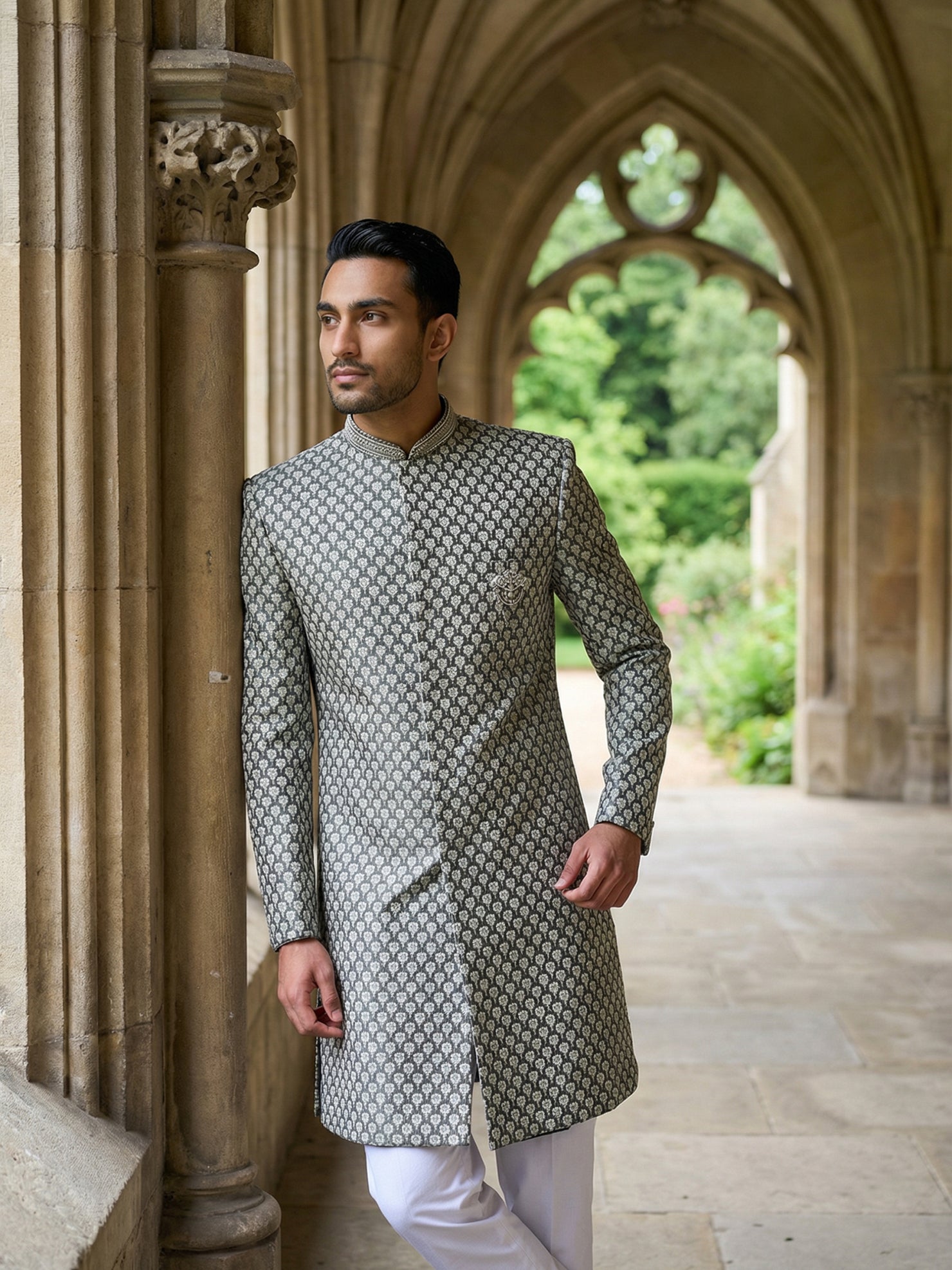 DesiQlo Men Self Design Indo Western Set - Green - 50JIND_138Olive_S