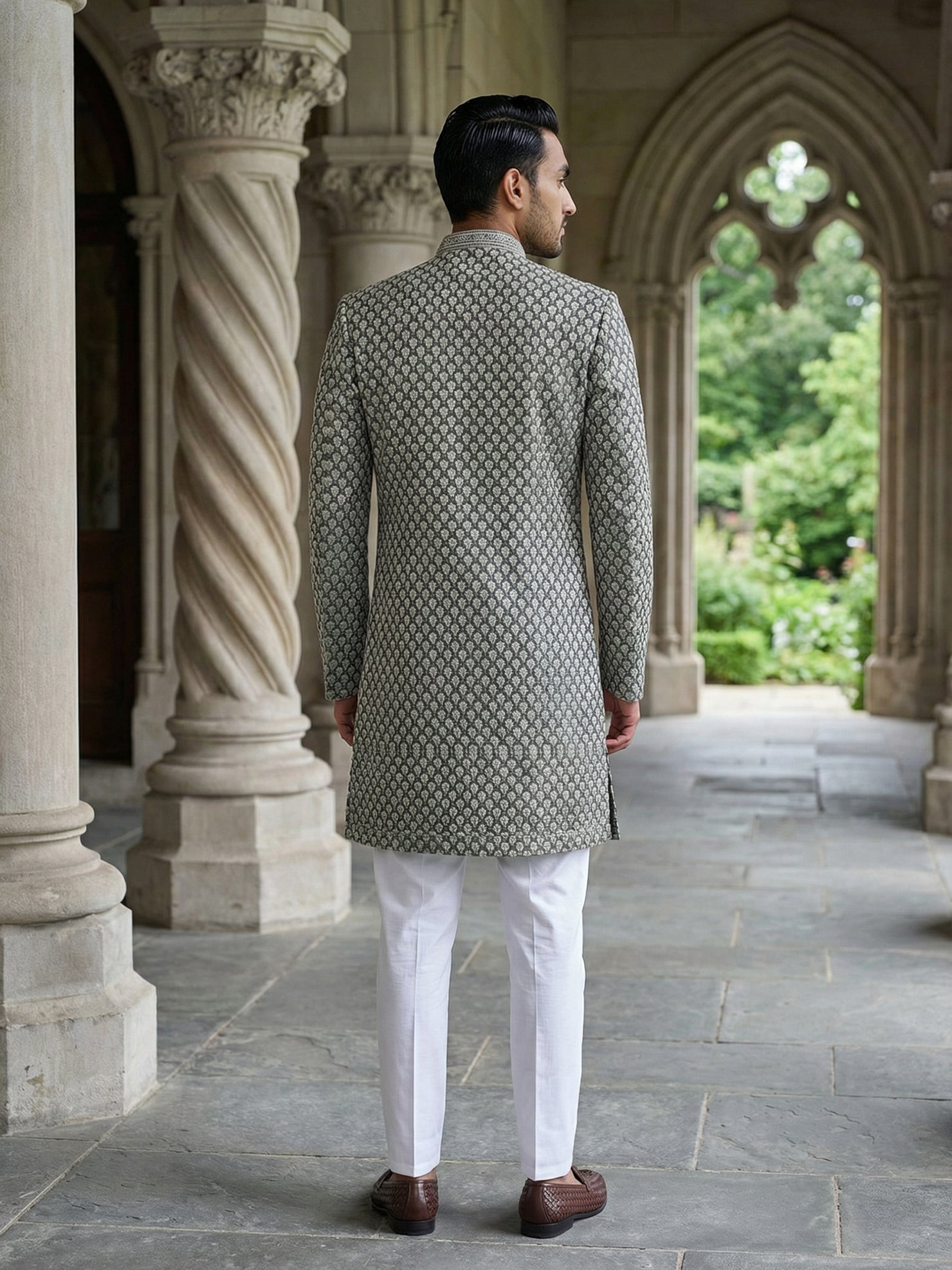 DesiQlo Men Self Design Indo Western Set - Green - 50JIND_138Olive_S