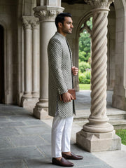 Men Premium Woven Design Sherwani Set ( 50JIND 138Olive S )
