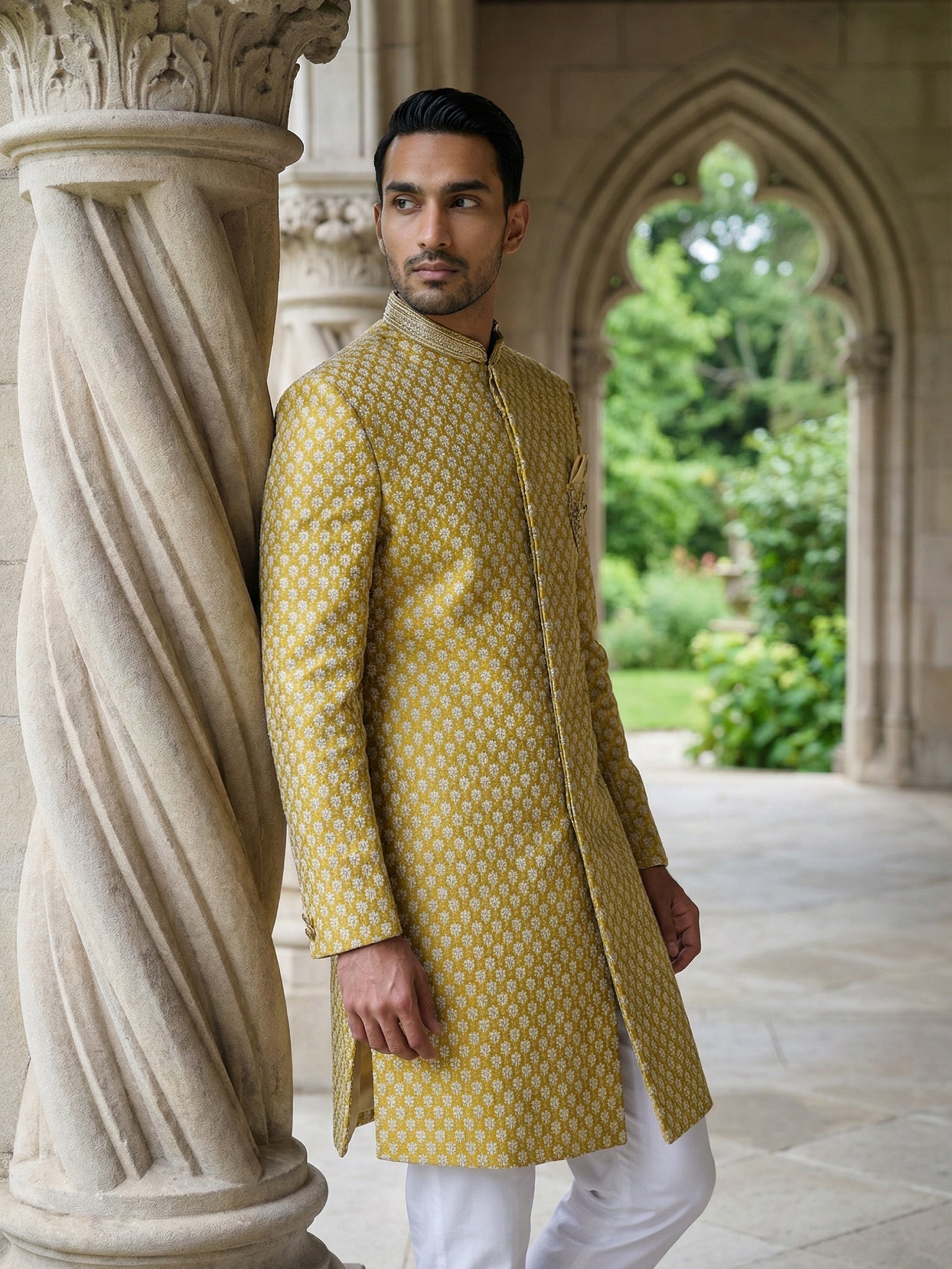 DesiQlo Men Self Design Indo Western Set - Yellow